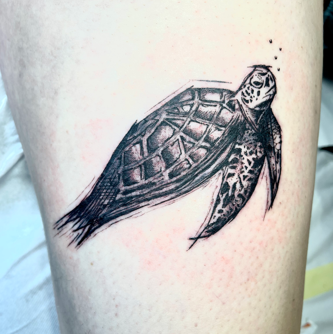 a narben tattoo of a turtle on the leg, hamburg, germany