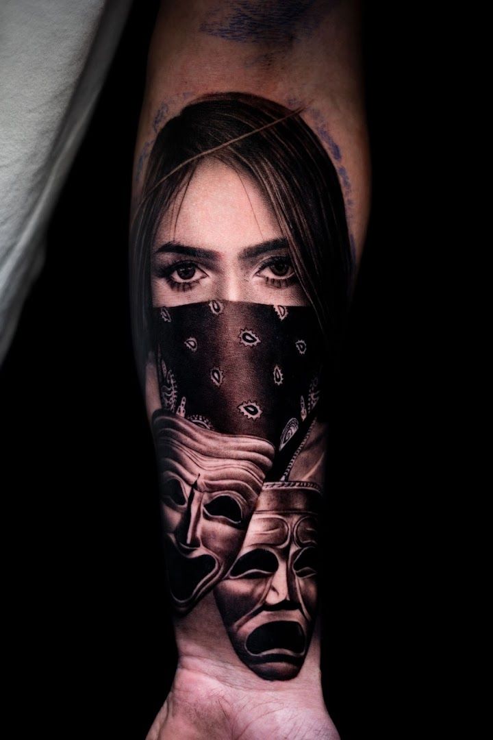 a cover-up tattoo of a woman with a mask on her face, paderborn, germany