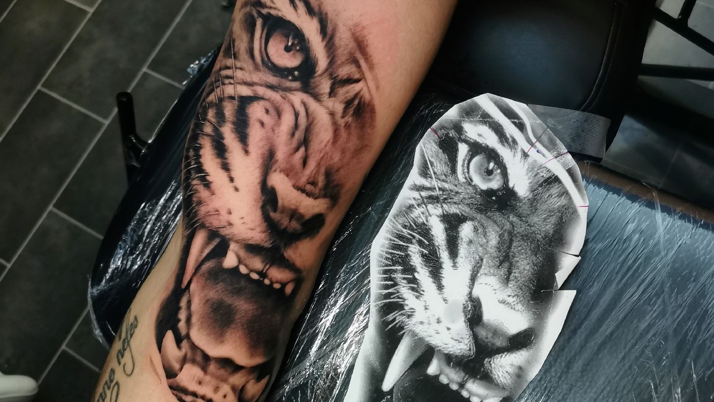 a cover-up tattoo of a tiger and a cat, nürnberg, germany