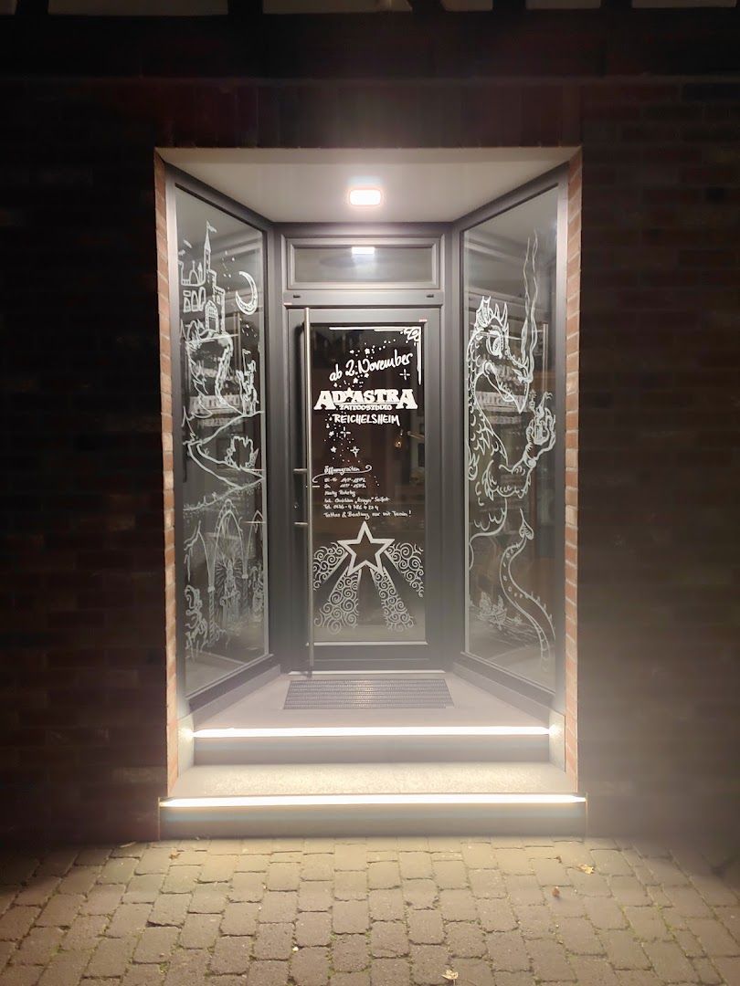 a glass door with a drawing of a man and woman