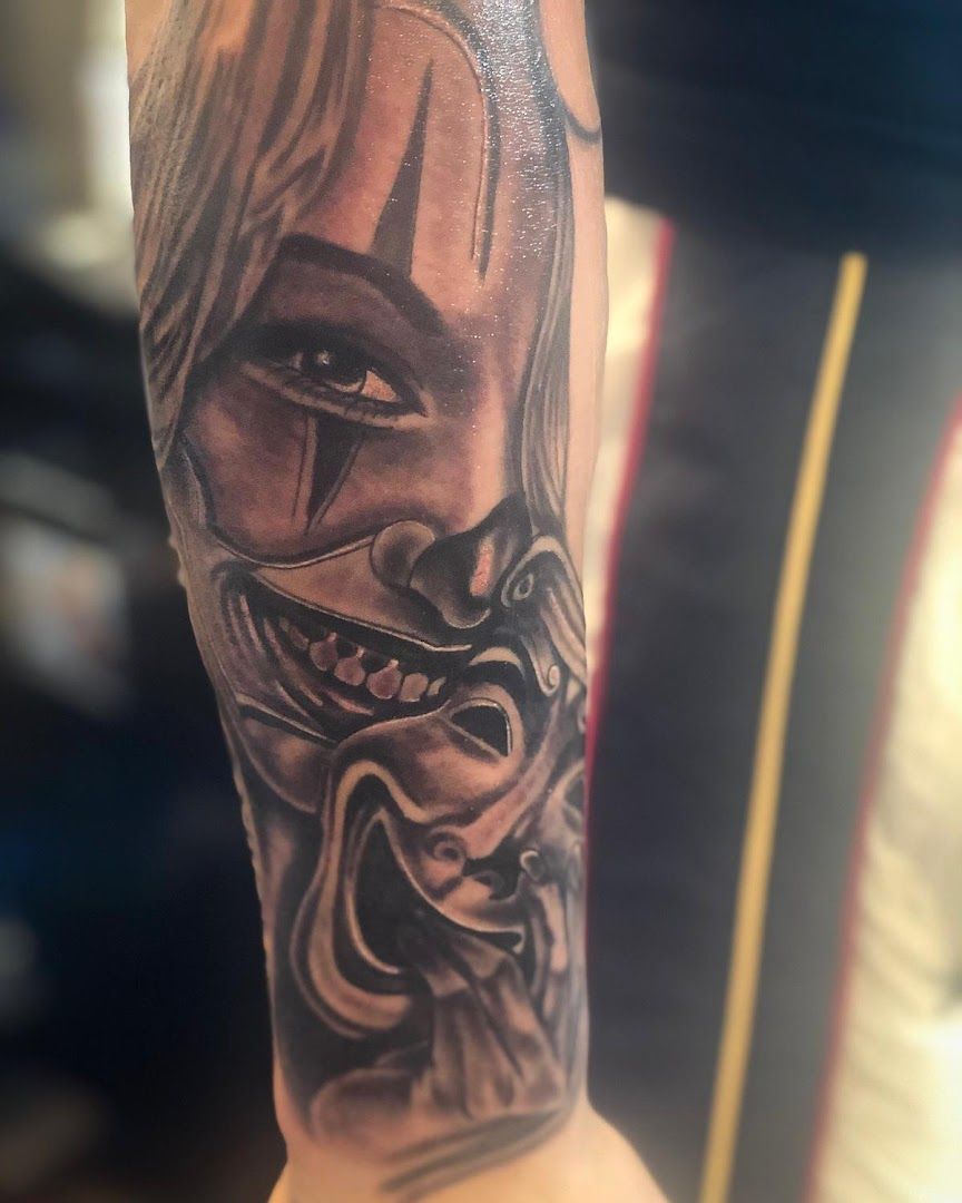 a cover-up tattoo of a woman with a mask on her face, rhein-sieg-kreis, germany