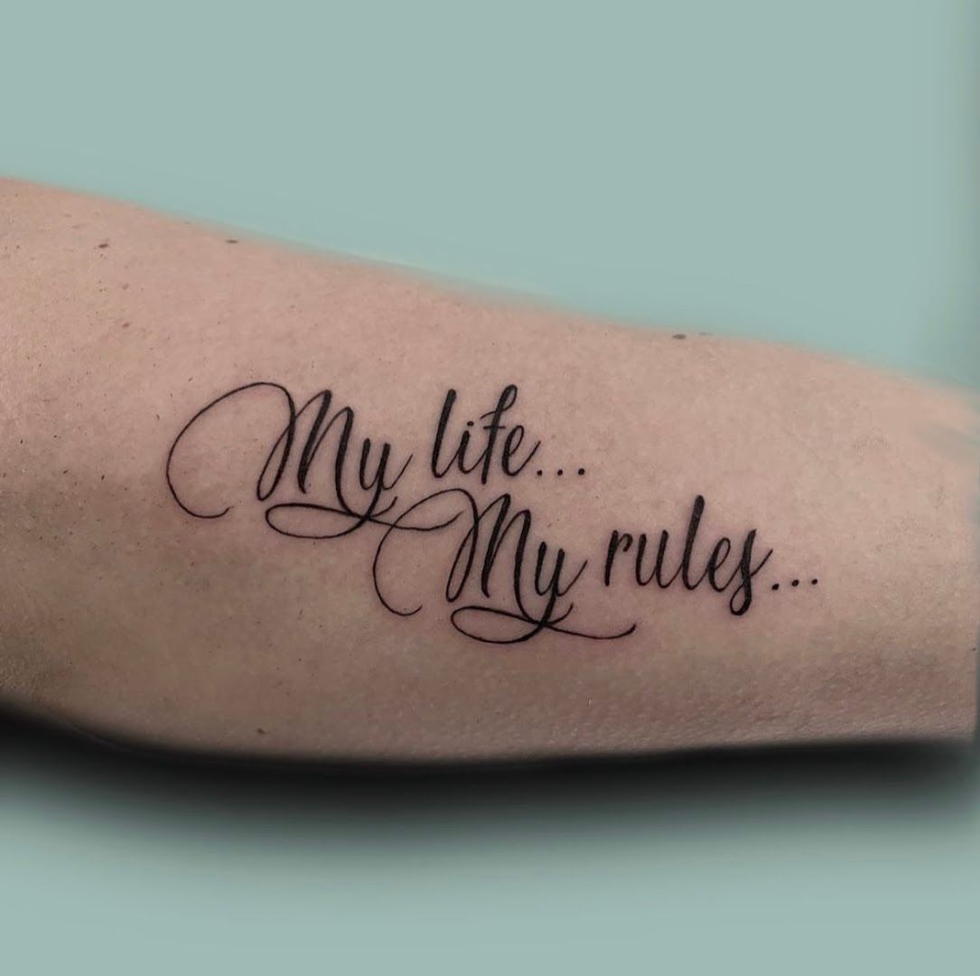 a cover-up tattoo with the words'my life'written on it, neunkirchen, germany