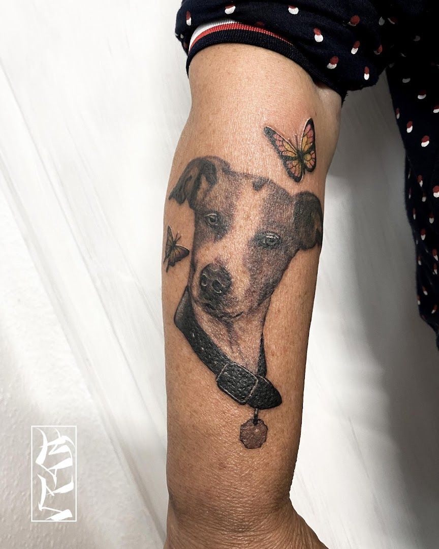 a dog cover-up tattoo on the arm, olpe, germany