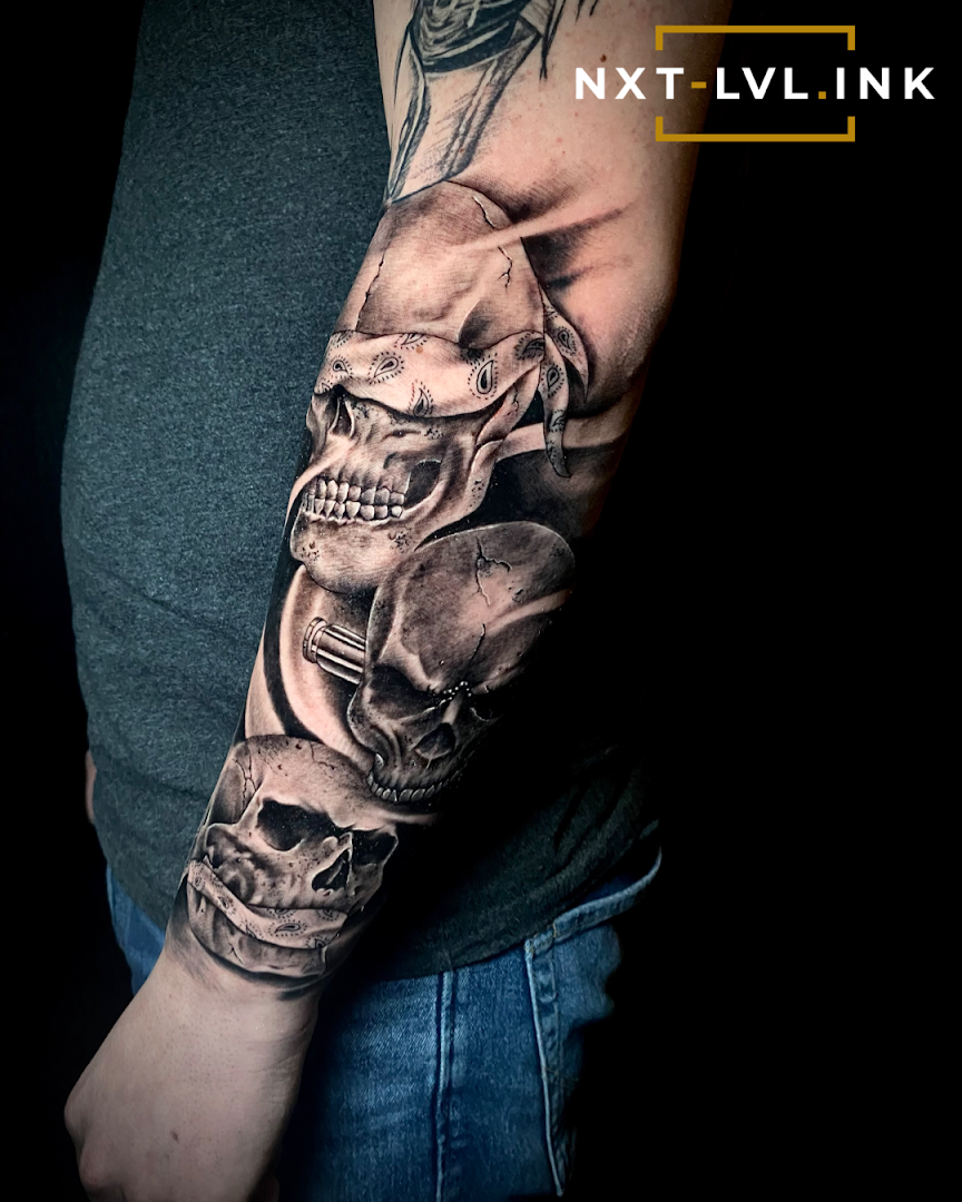 a man with a skull cover-up tattoo on his arm, frankfurt, germany