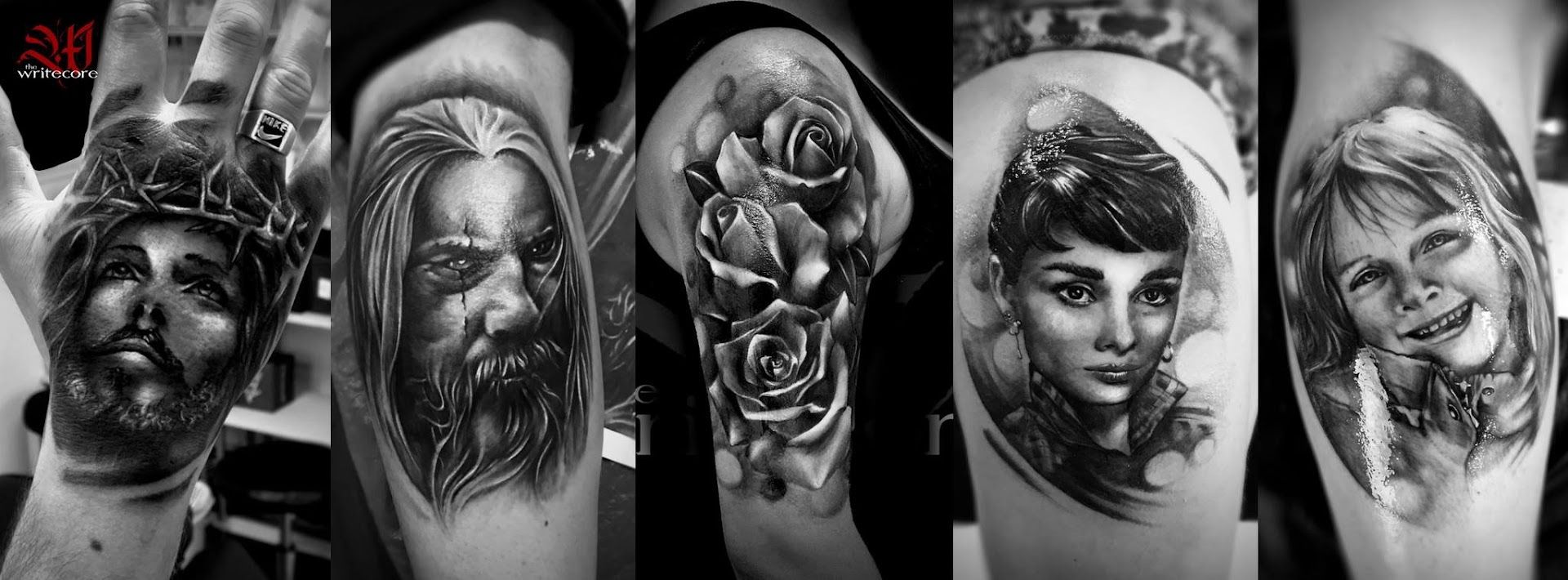 a black and white blackwork tattoo of a woman with a rose, miesbach, germany