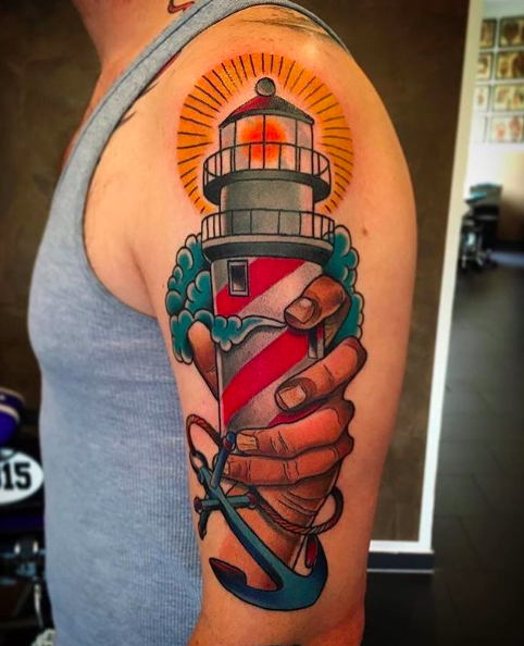 a lighthouse cover-up tattoo on the arm, kreisfreie stadt bottrop, germany