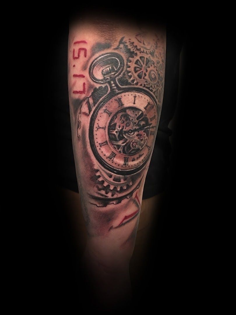 a cover-up tattoo with a clock and a clock on it, heidenheim, germany