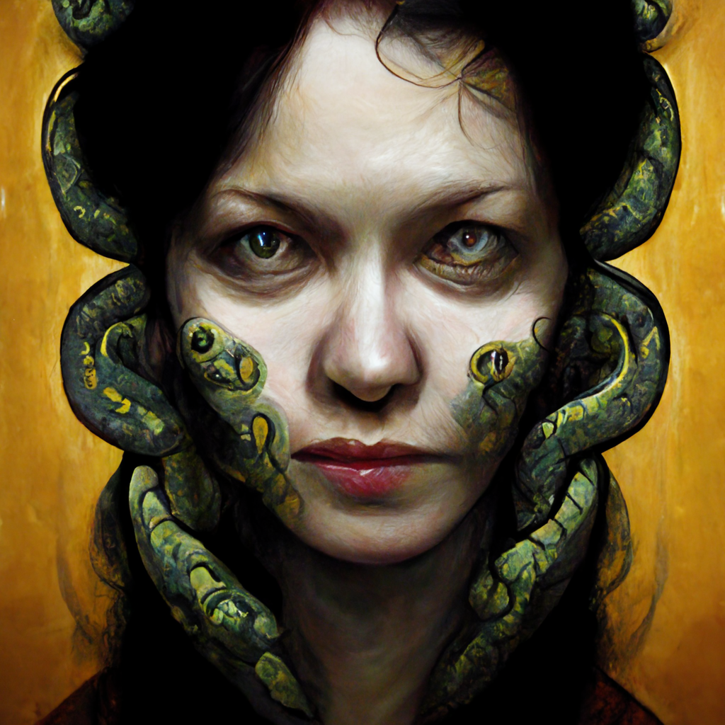 a woman with a snake on her head