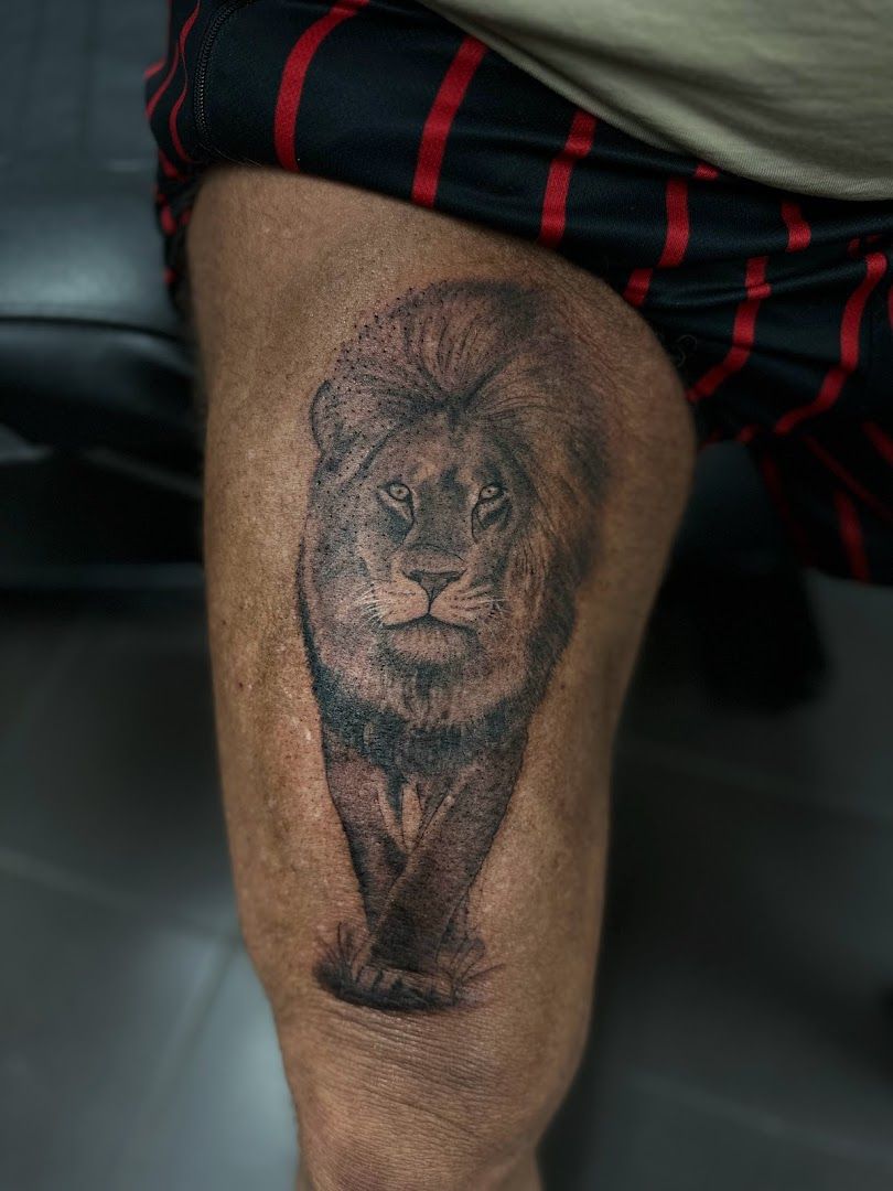 a lion narben tattoo on the leg, rheinisch-bergischer kreis, germany