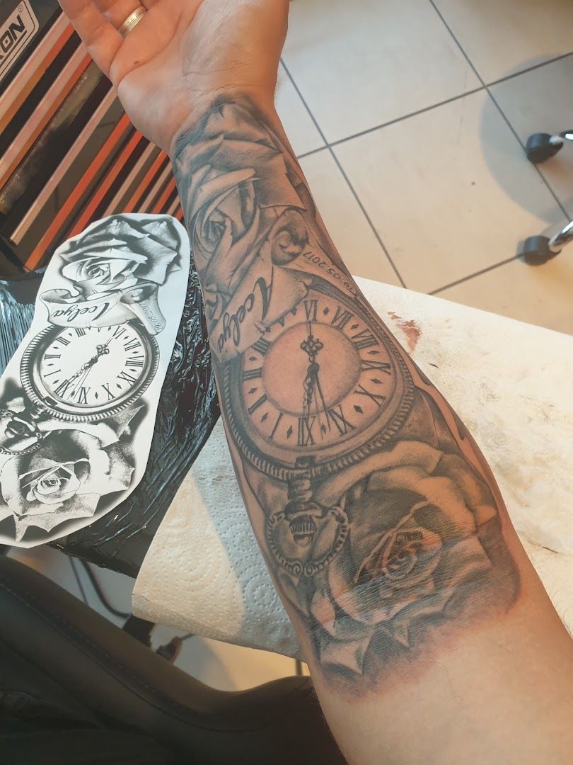 a man with a cover-up tattoo on his arm, mönchengladbach, germany