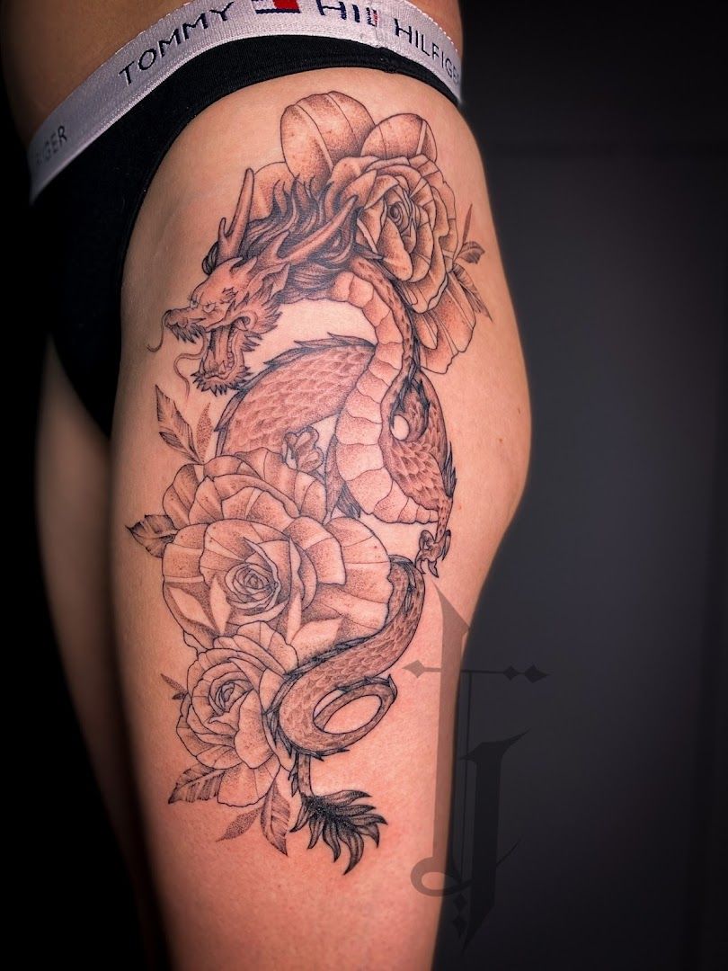 a narben tattoo design of a koi fish and roses, schwalm-eder-kreis, germany