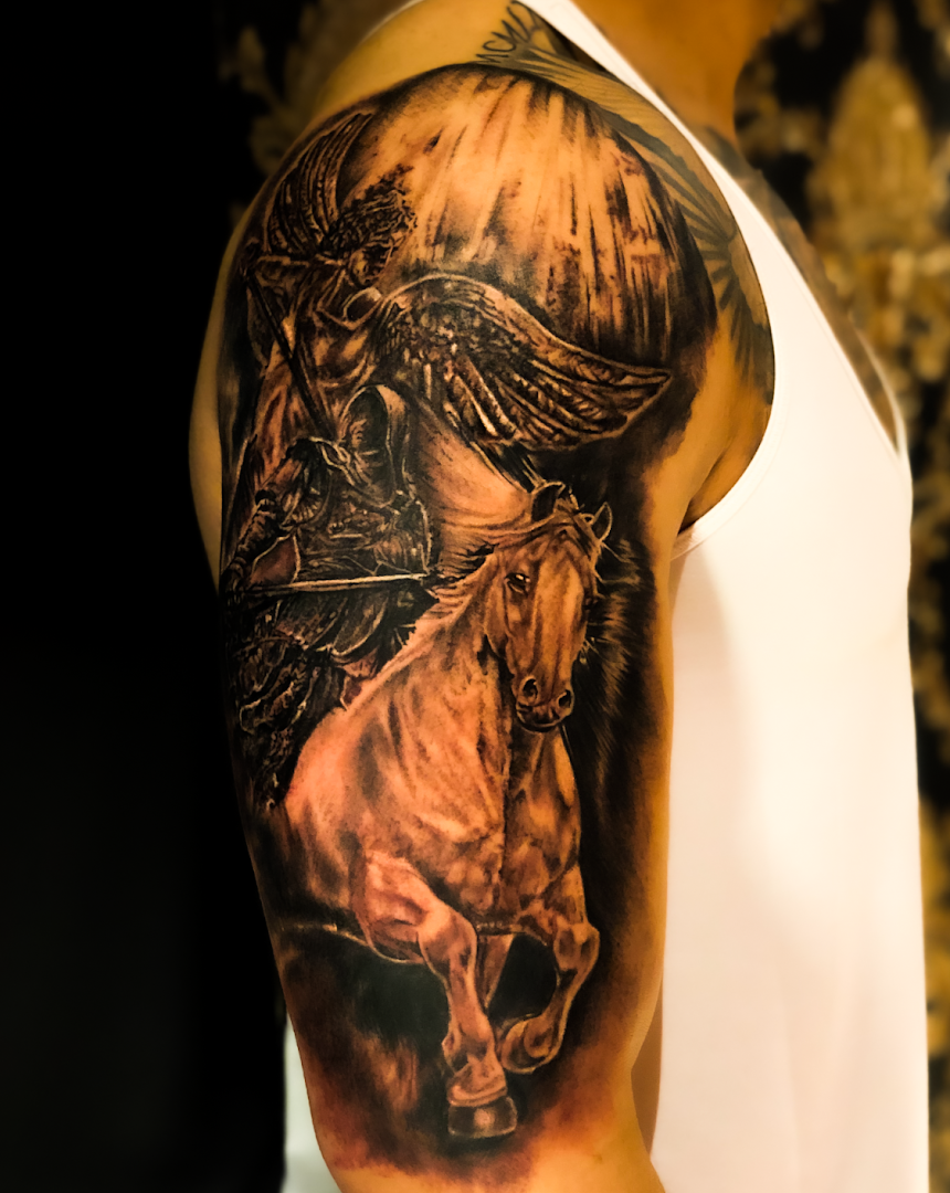 a man with a cover-up tattoo on his arm, mönchengladbach, germany