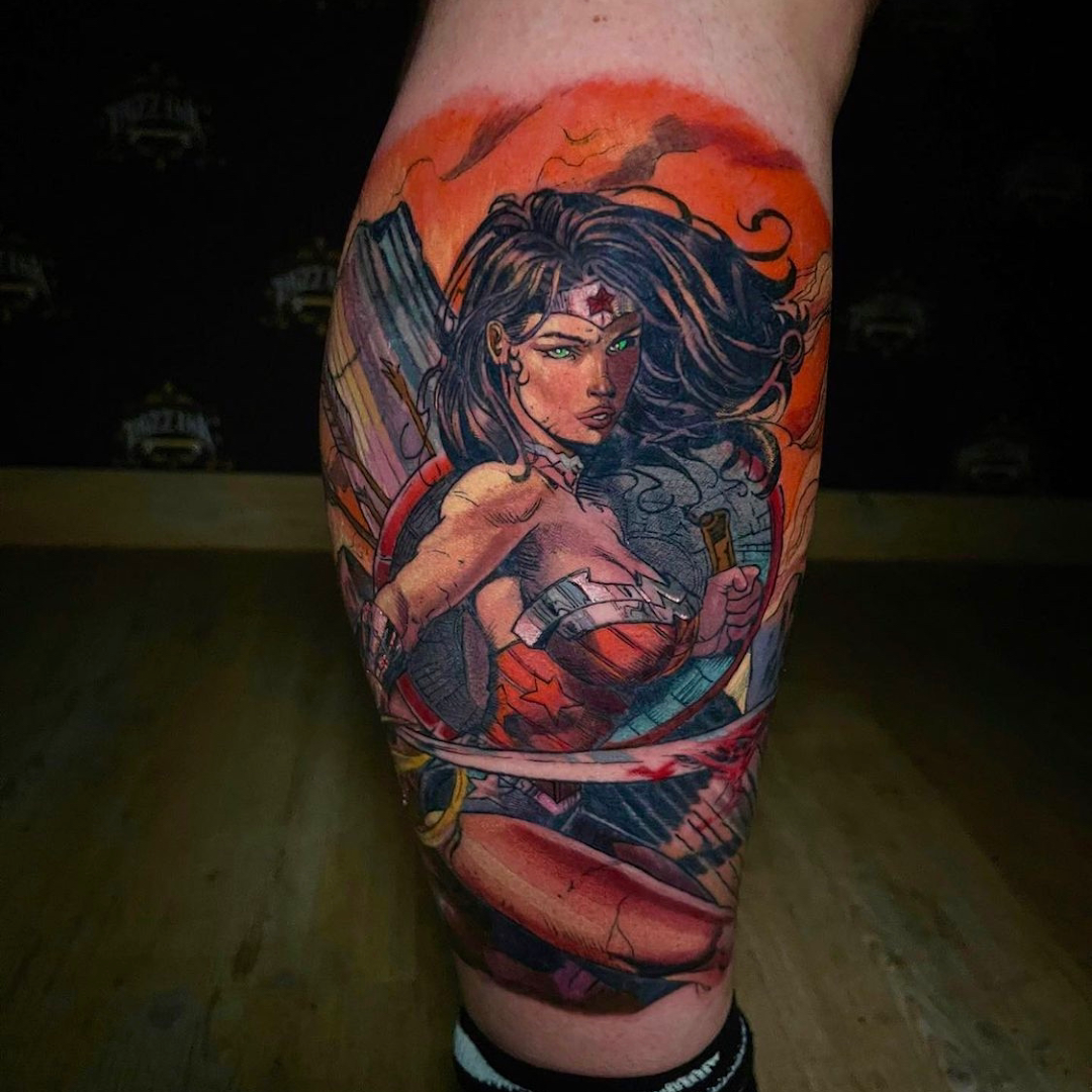 a portrait tattoos of a woman with a sword, frankfurt, germany