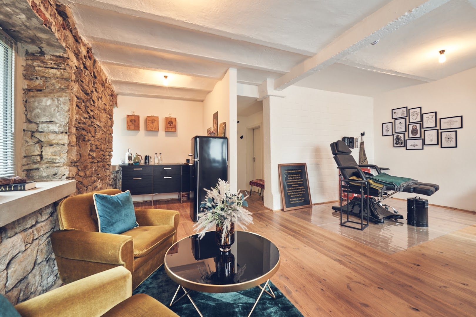 a living room with a fireplace and a couch