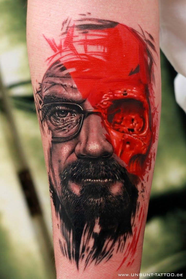 a man with a red skull on his arm