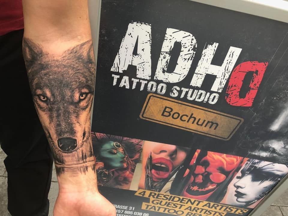 a narben tattoo artist holding a book with a picture of a wolf, bochum, germany