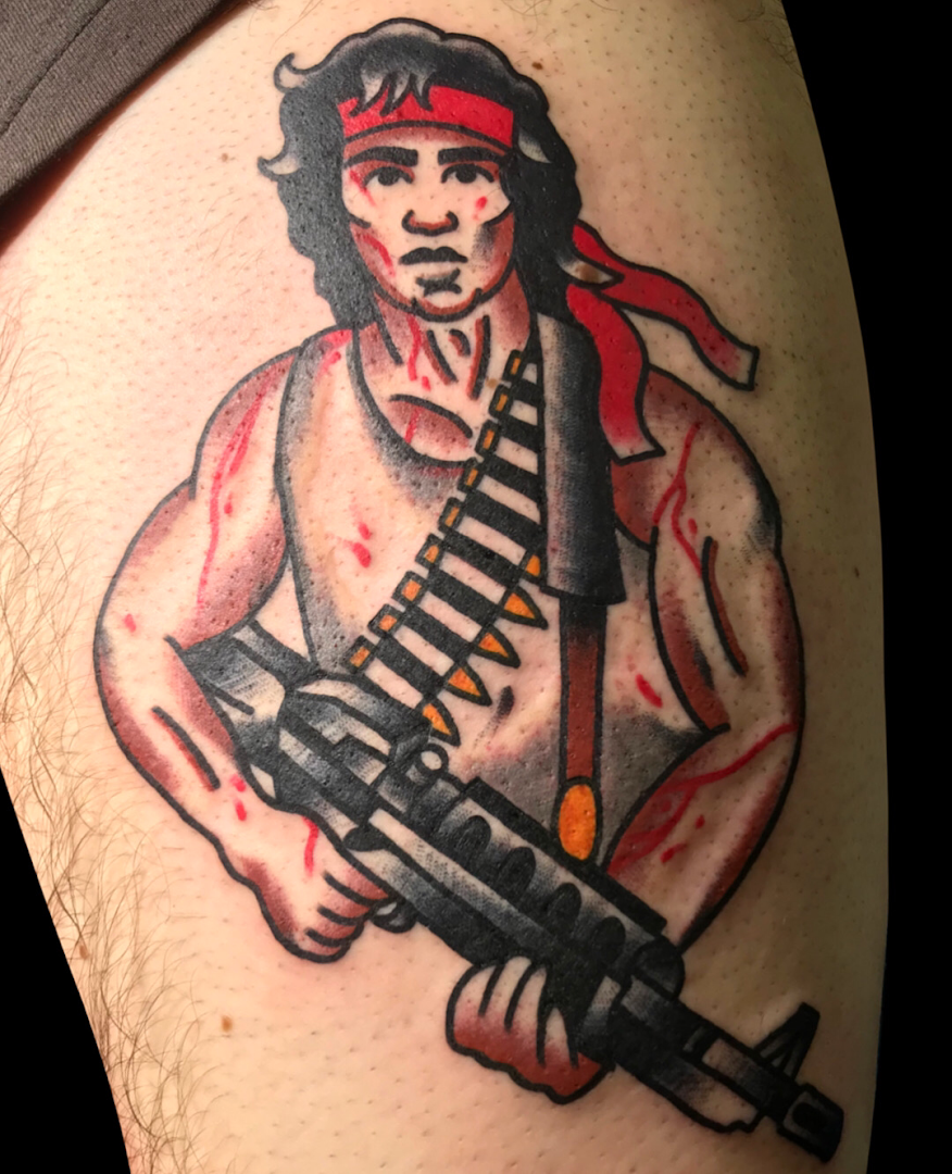 a narben tattoo of a man with a gun, dresden, germany