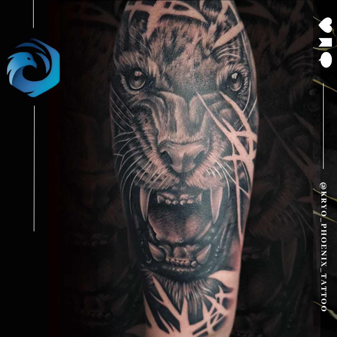 a black and grey narben tattoo of a tiger, erzgebirgskreis, germany