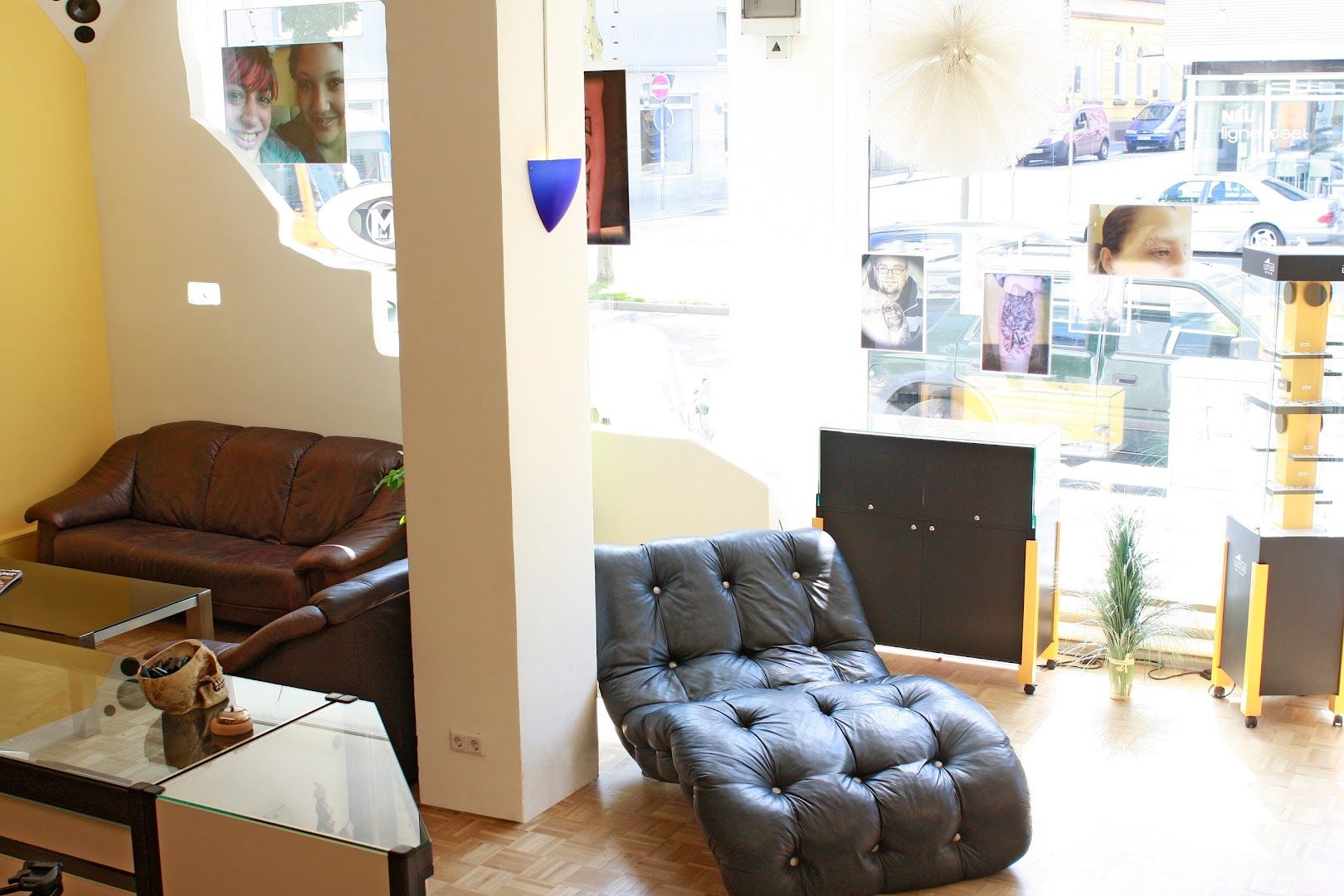 a living room with a couch and a table