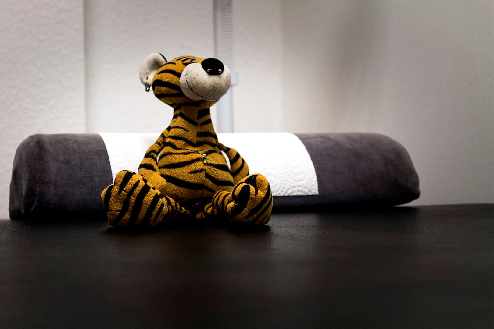 a stuffed tiger sitting on a towel