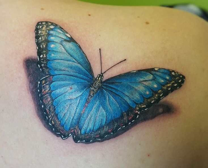 a blue butterfly cover-up tattoo on the back of a woman, zwickau, germany