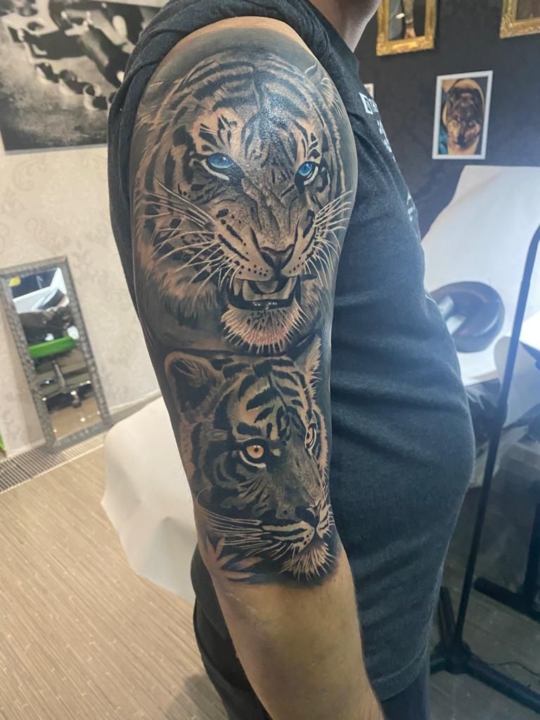 a man with a narben tattoo of a tiger and a tiger, freudenstadt, germany