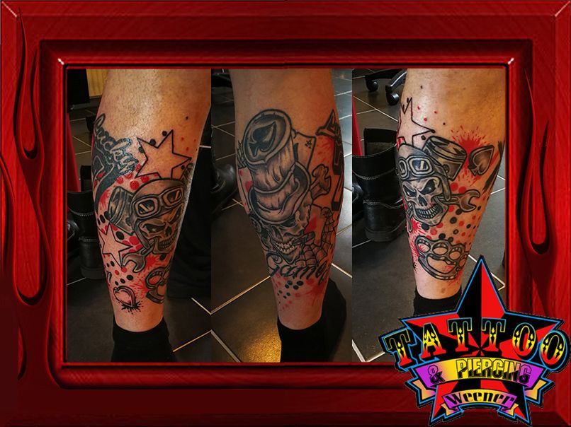 a narben tattoo of a skull and a skull on the leg, leer, germany