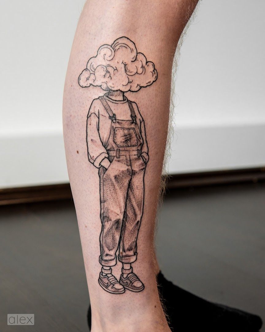 a man with a cloud cover-up tattoo on his leg, ahrweiler, germany