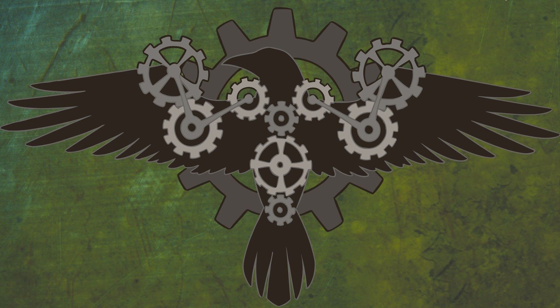 a black bird with gears and gears on it's wings