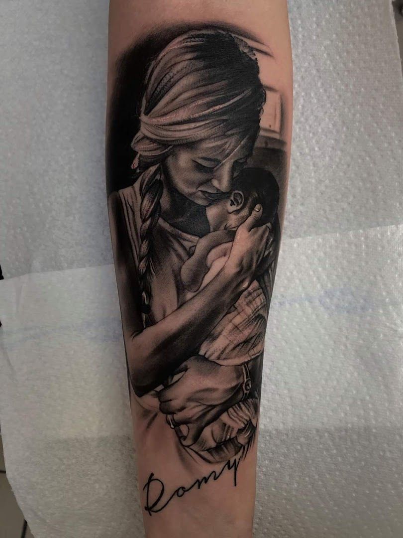 a black and white cover-up tattoo of a woman with a cigarette, salzlandkreis, germany