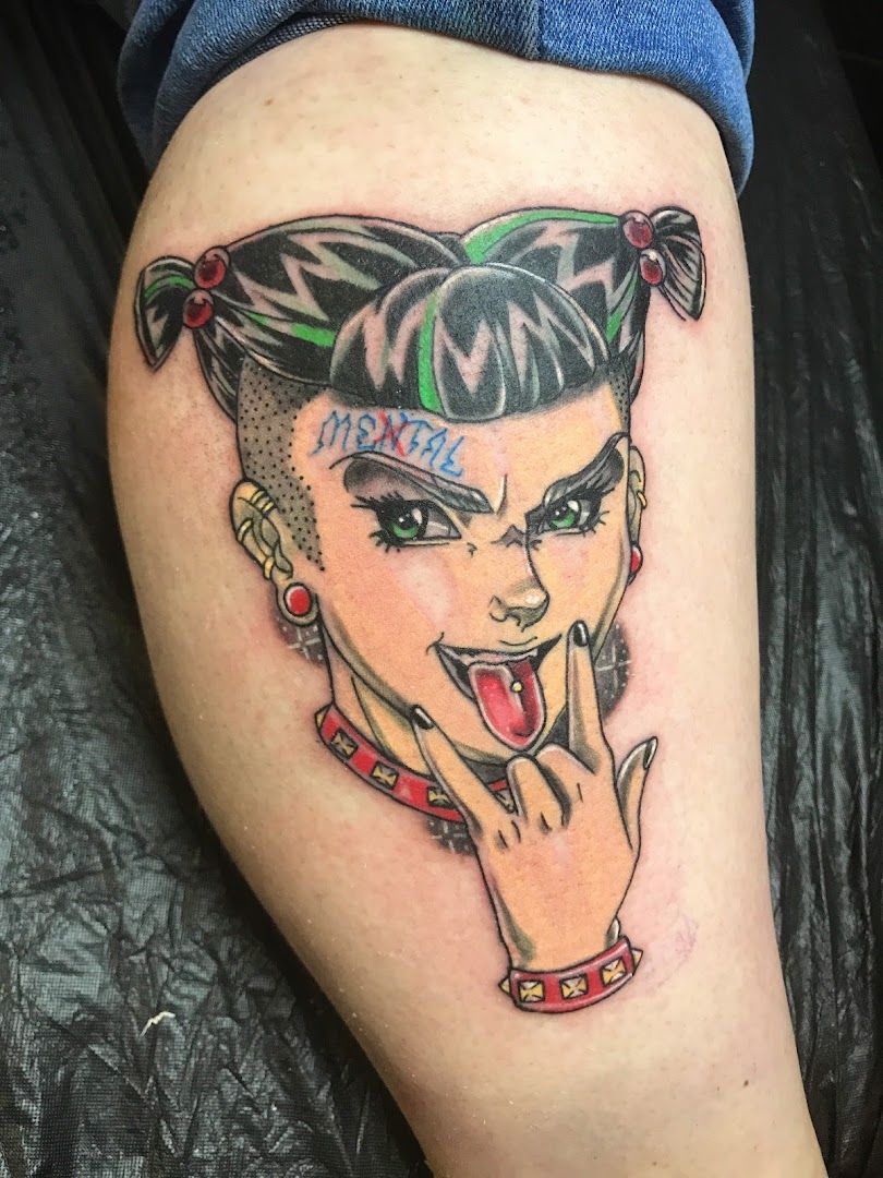 a narben tattoo of a woman with a green hair and a red lipstick, frankfurt, germany