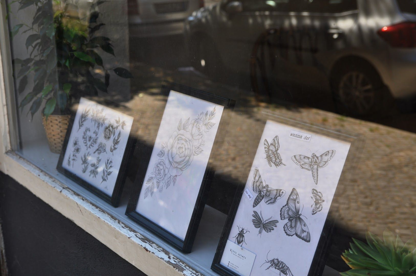 a window with a bunch of flowers in it