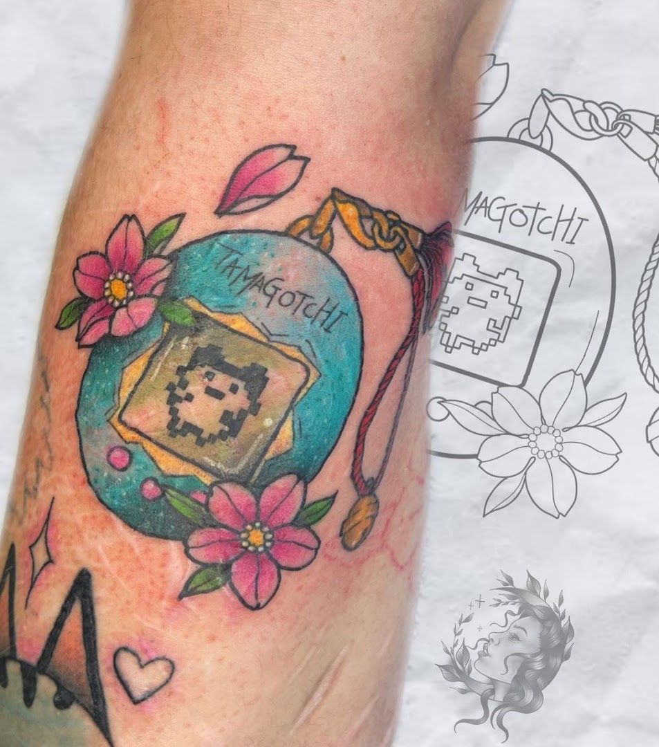 a cover-up tattoo with a picture of a dog and a flower, darmstadt-dieburg, germany