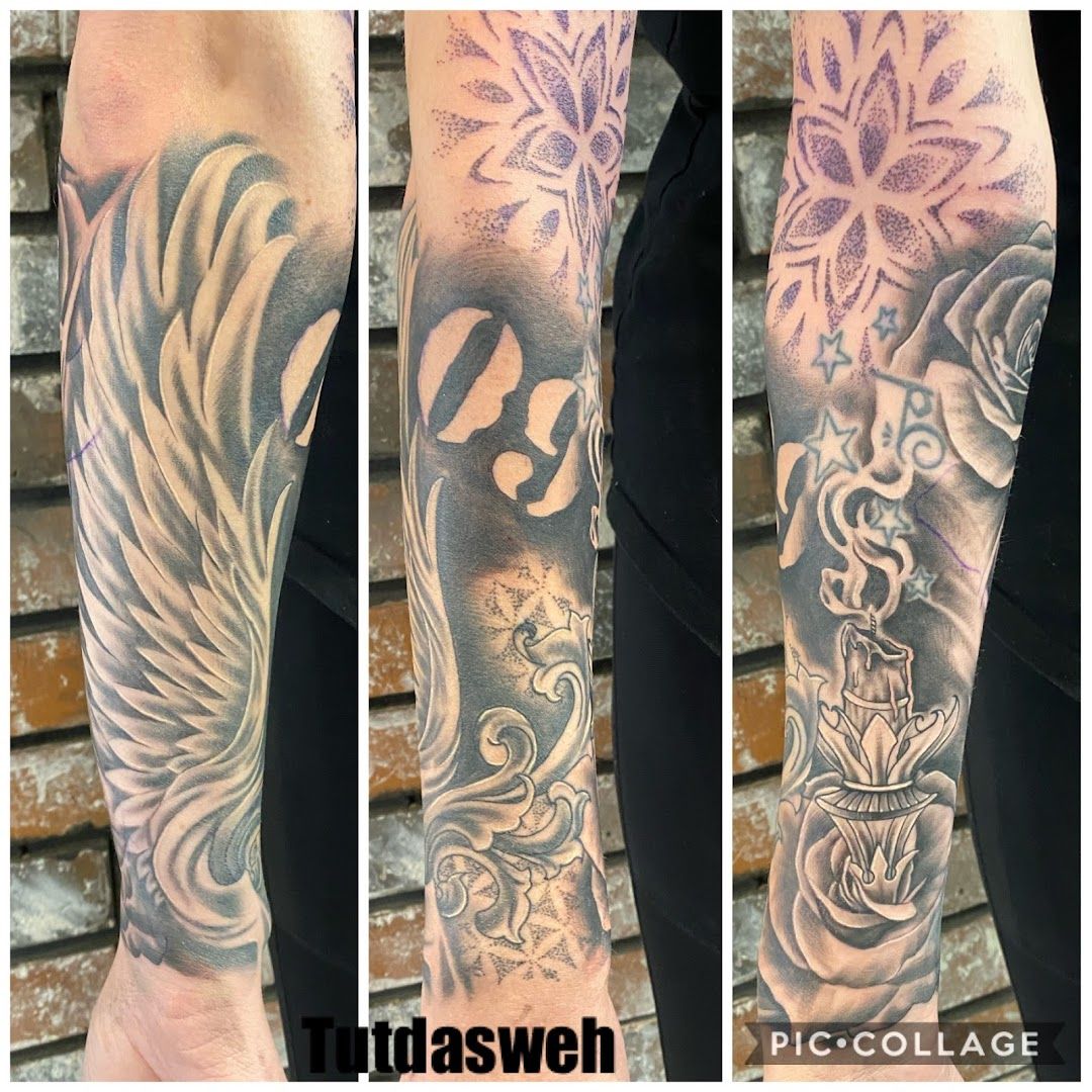 a narben tattoo with a black and white design on the arm, rendsburg-eckernförde, germany