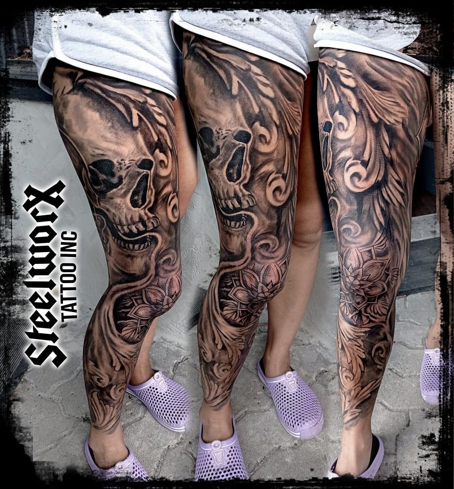 a couple of cover-up tattoos on their legs, schweinfurt, germany