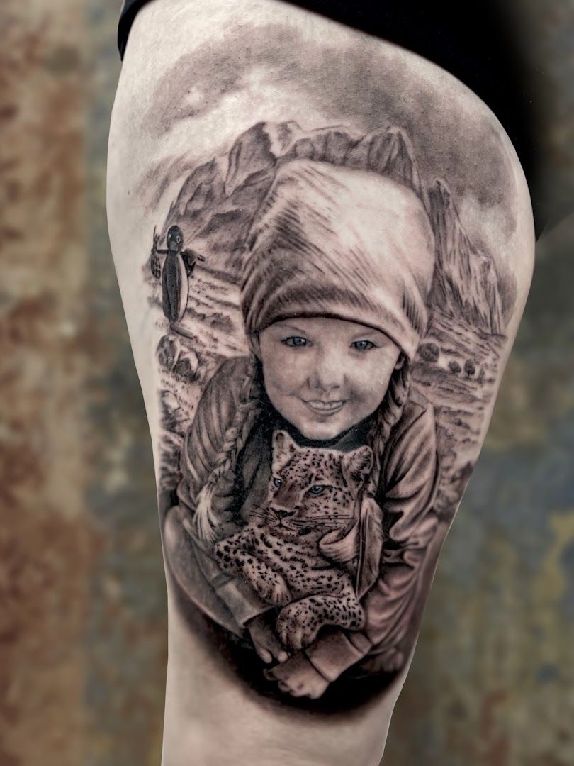 a cover-up tattoo of a girl with a cat, dresden, germany