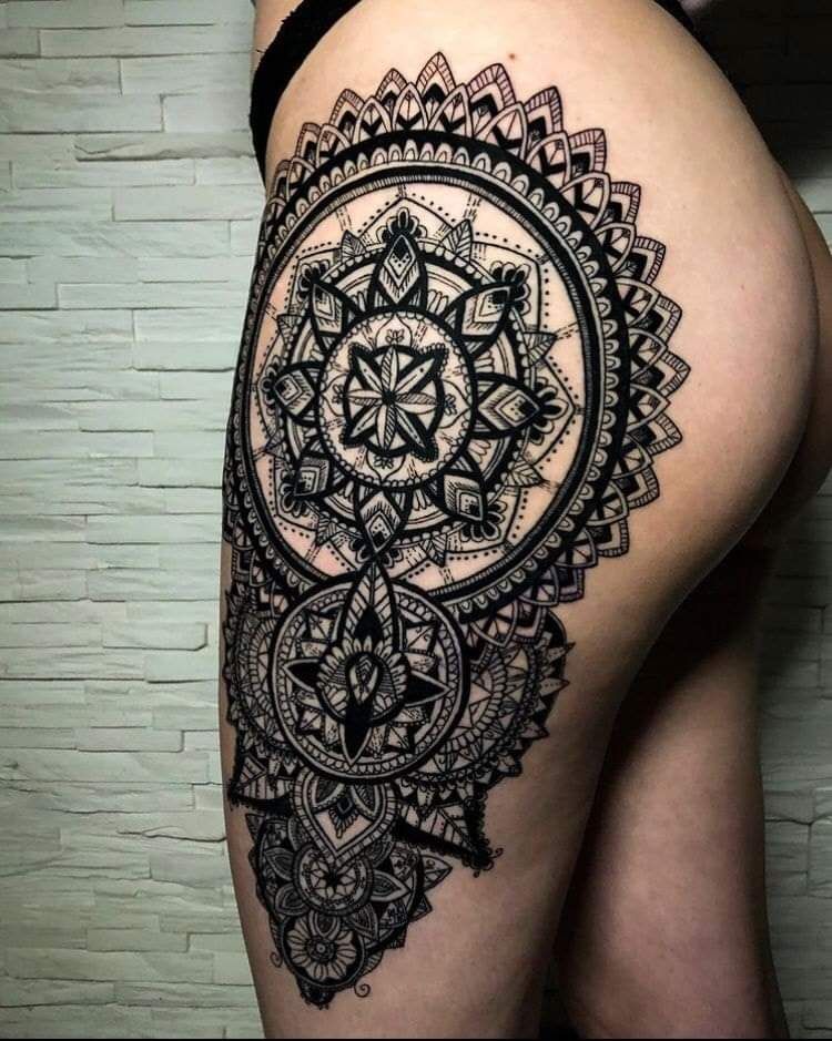 a black and white cover-up tattoo design on the thigh, gotha, germany