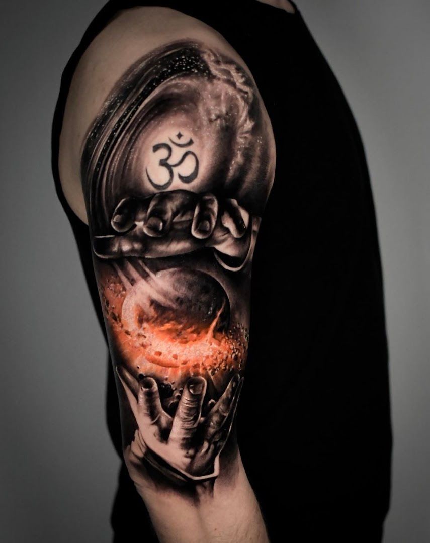 a man's arm with a cover-up tattoo of a skull and a skull, bergstraße, germany