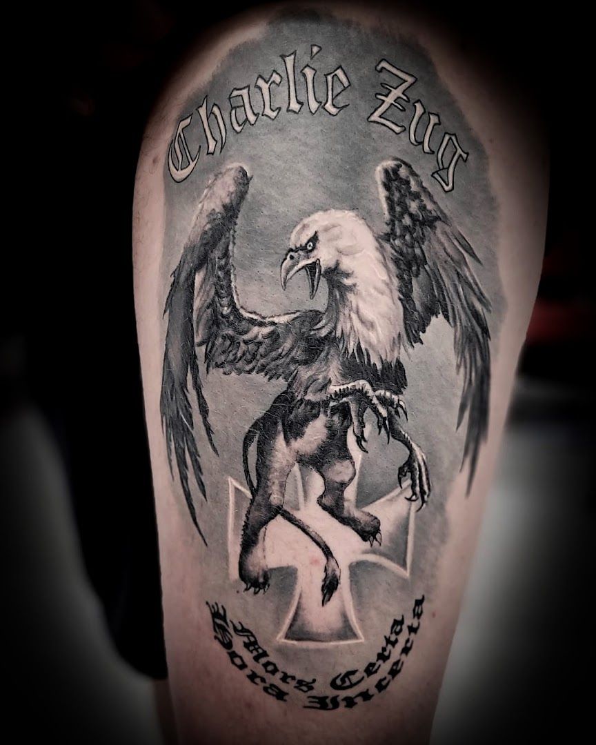 a cover-up tattoo with an eagle and a star, chemnitz, germany