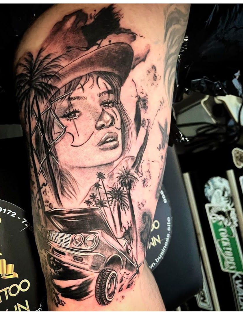 a cover-up tattoo of a woman with a hat and a car, rhein-erft district, germany