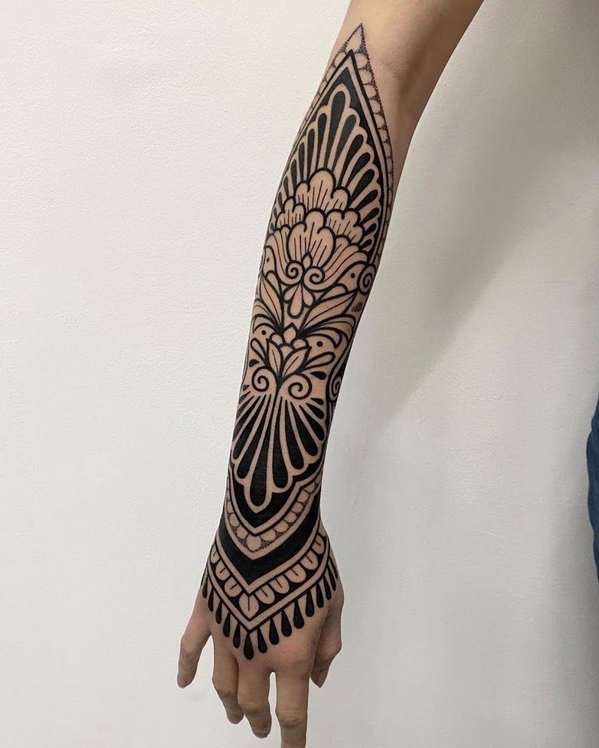 a black and white cover-up tattoo on the arm, essen, germany