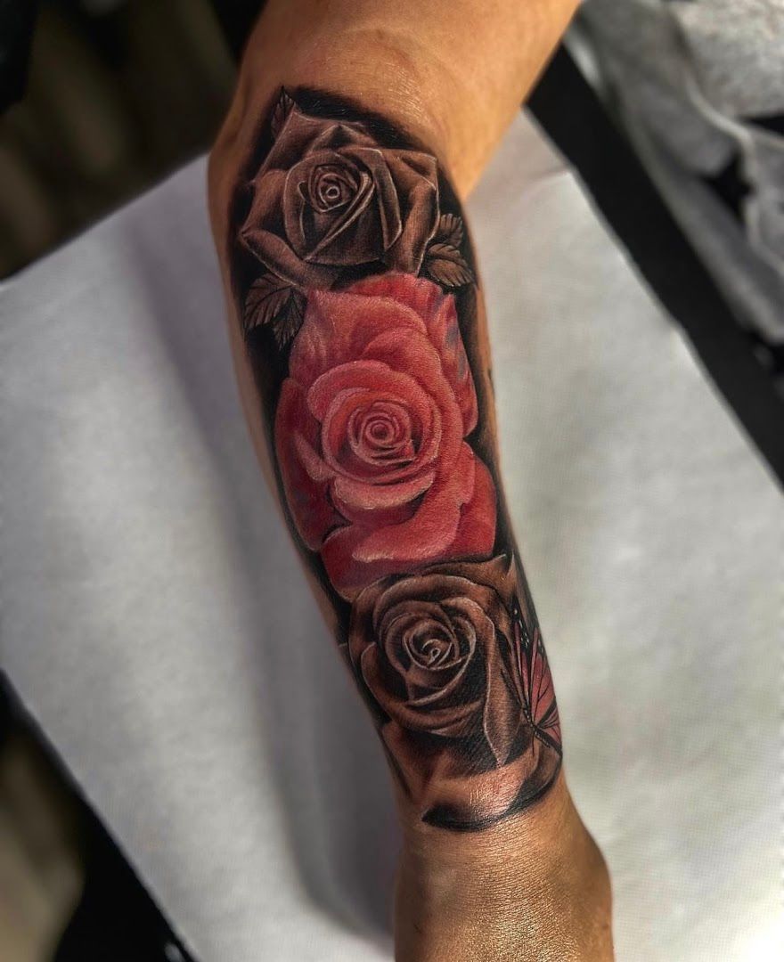 a rose cover-up tattoo on the forearm, duisburg, germany