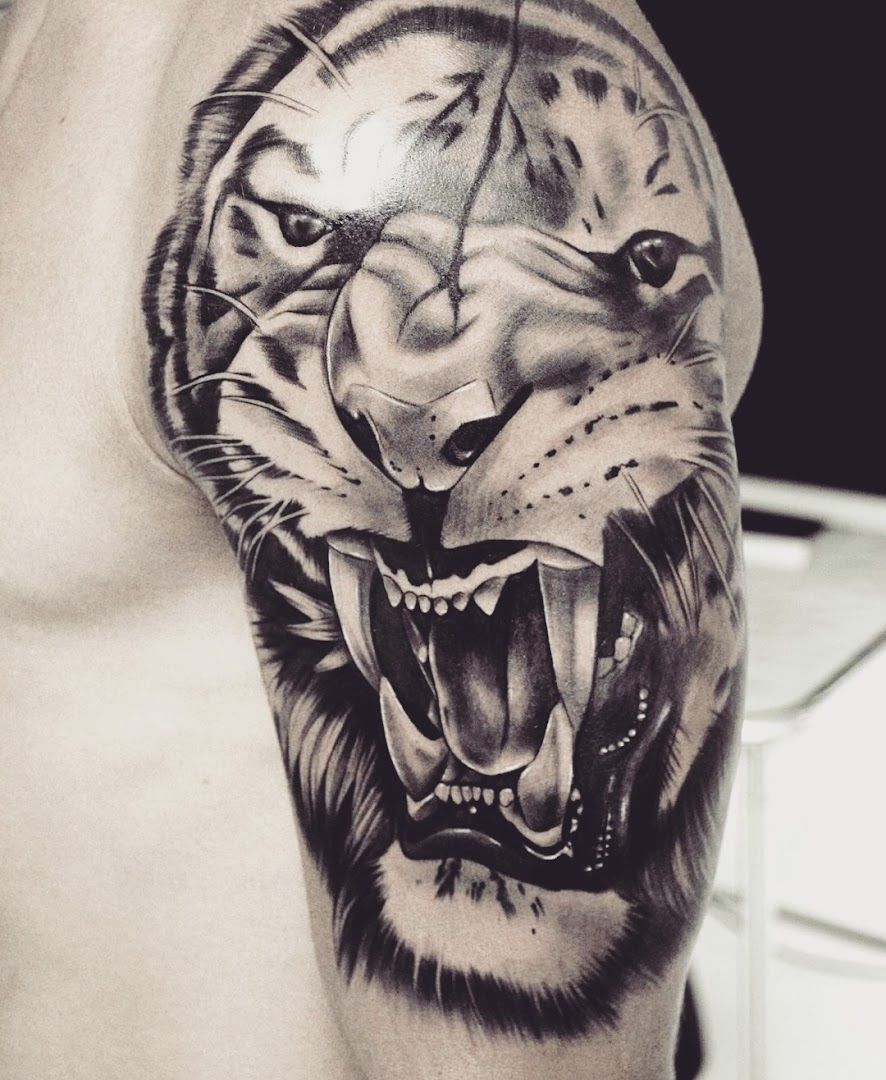 a tiger cover-up tattoo on the arm, aichach-friedberg, germany