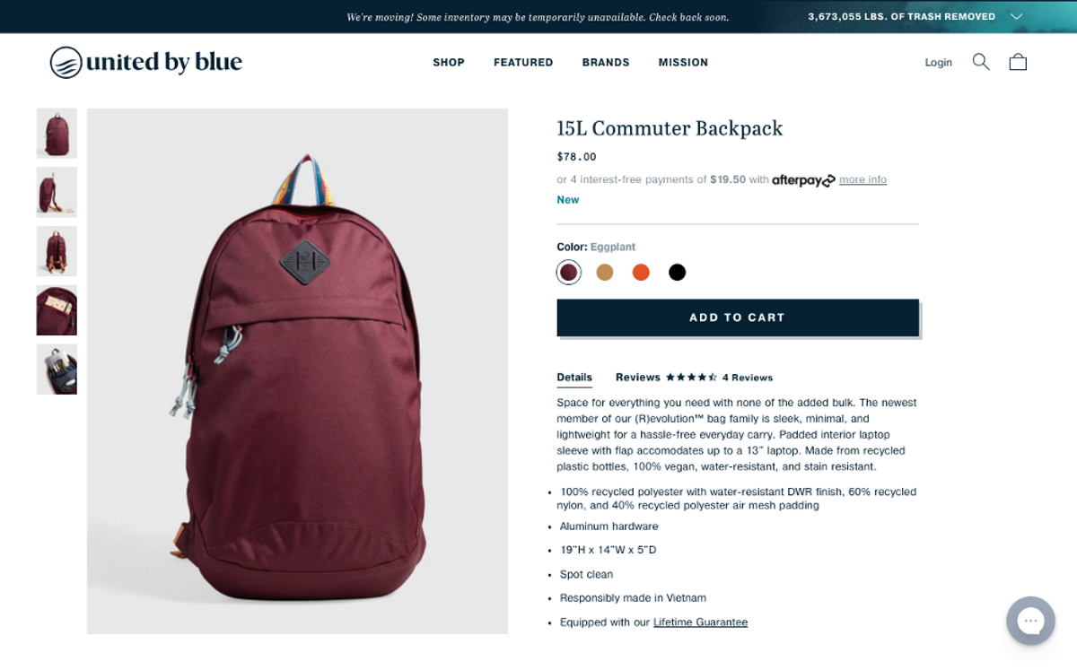 United by blue product page, showing backpack