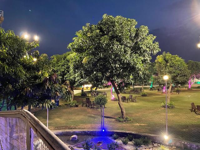 Illuminated lawns with trees, seating and a water feature during an evening outing at Rangmanch Farms in Gurugram, near Delhi