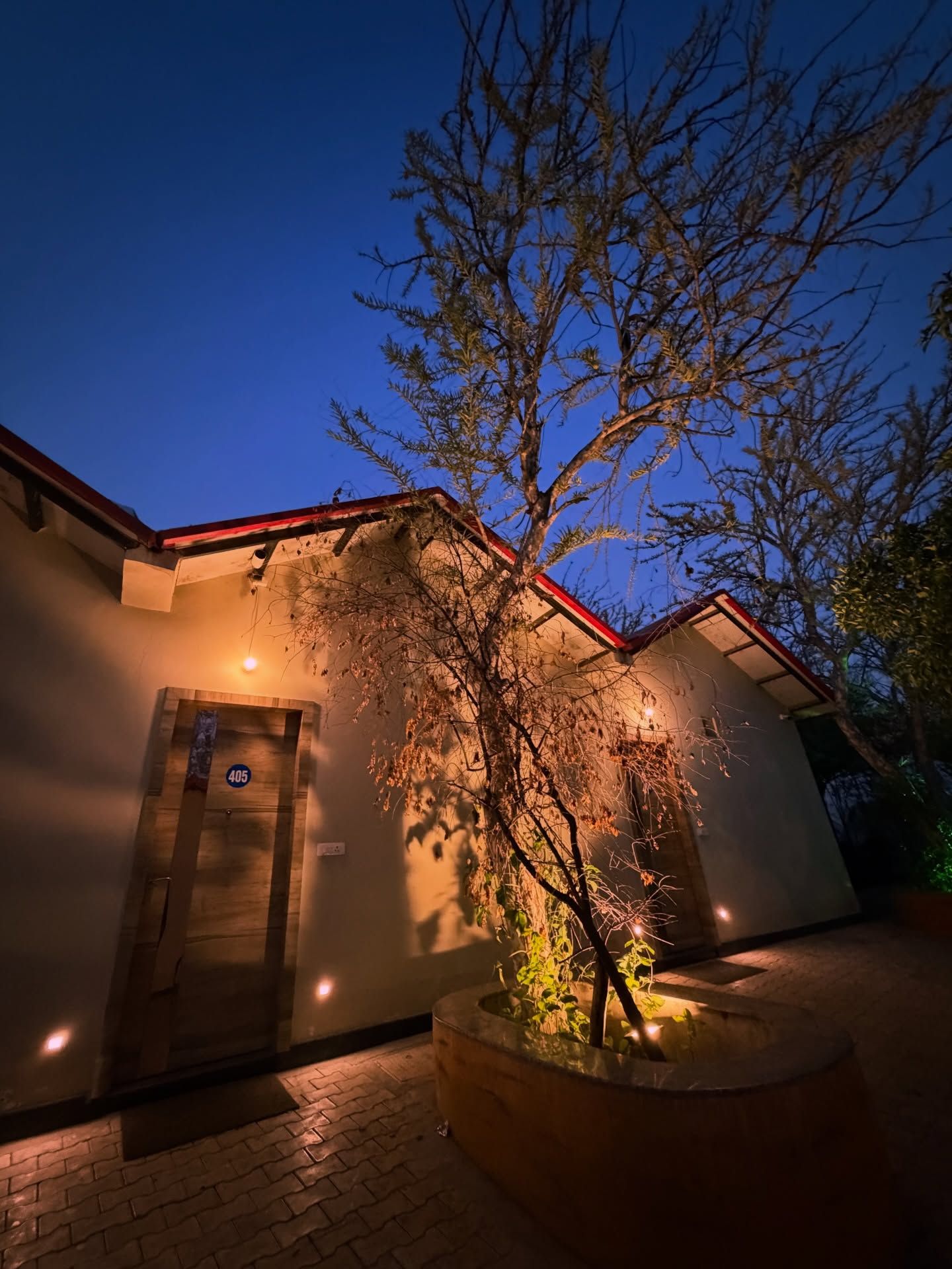 Numbered guest room entrances with wooden doors lit up in the evening beside a tree at Rangmanch Farms, an overnight stay venue in Gurugram near Delhi