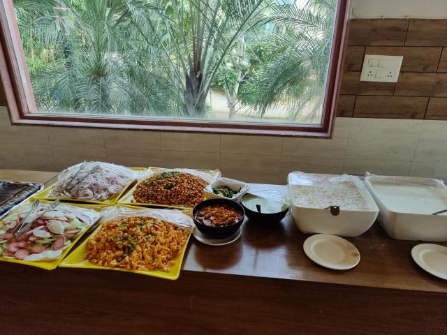 Chaat and salad counter at the corporate buffet lunch — corporate outing catering at Rangmanch Farms, Gurugram