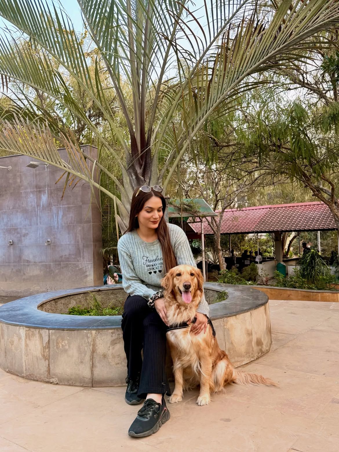 A woman sitting on a circular planter beside a palm tree with a golden retriever at an outdoor day outing venue at Rangmanch Farms in Gurugram, near Delhi
