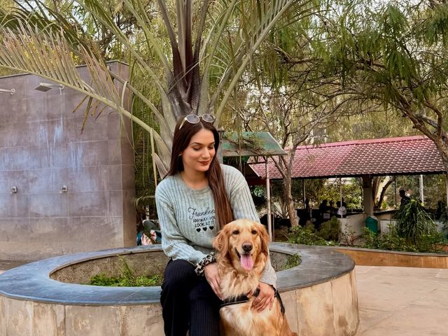 A woman sitting on a circular planter beside a palm tree with a golden retriever at an outdoor day outing venue at Rangmanch Farms in Gurugram, near Delhi