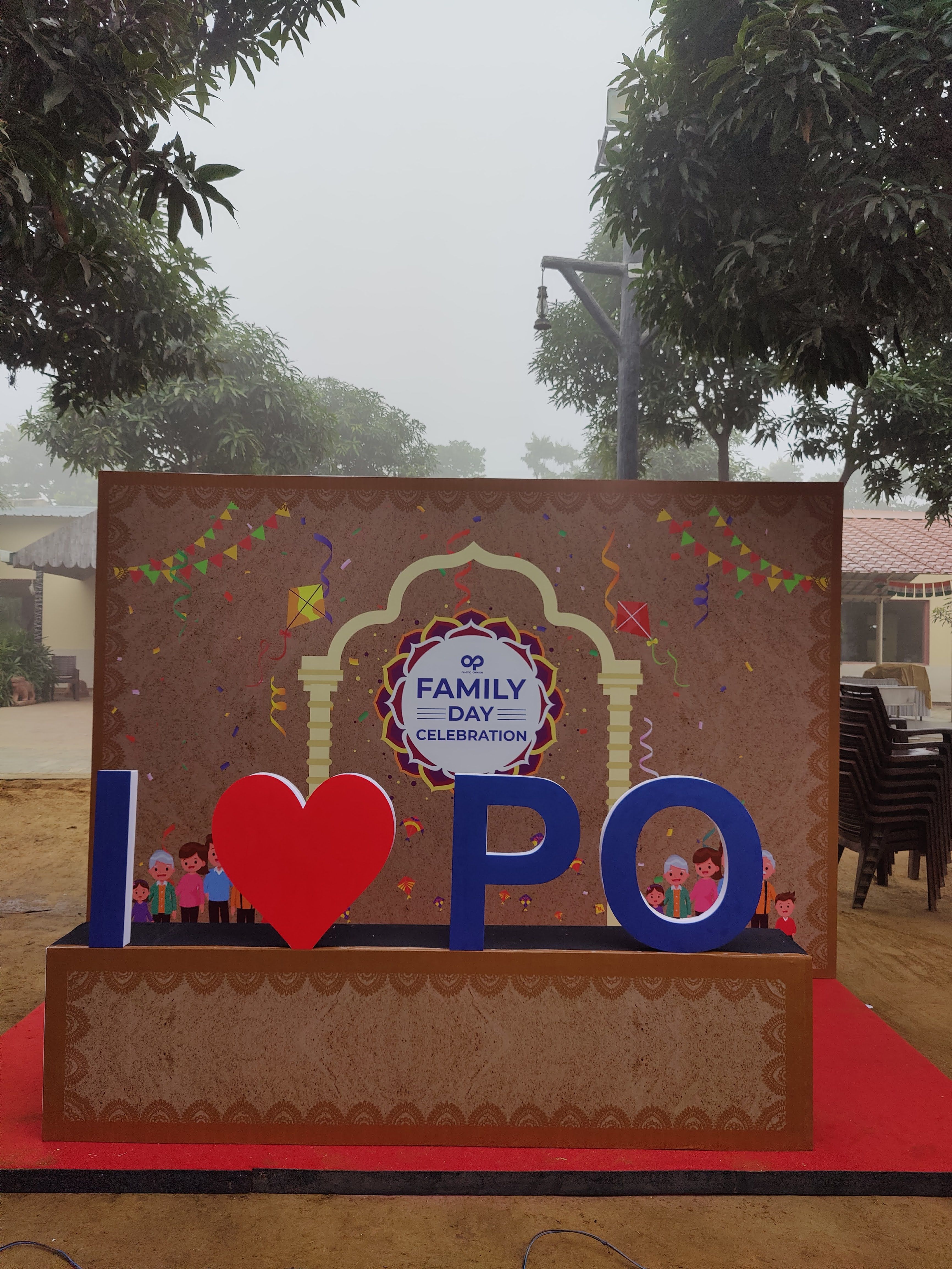 Decorated selfie point set up for a corporate family day — corporate event branding and decor at Rangmanch Farms, Gurugram